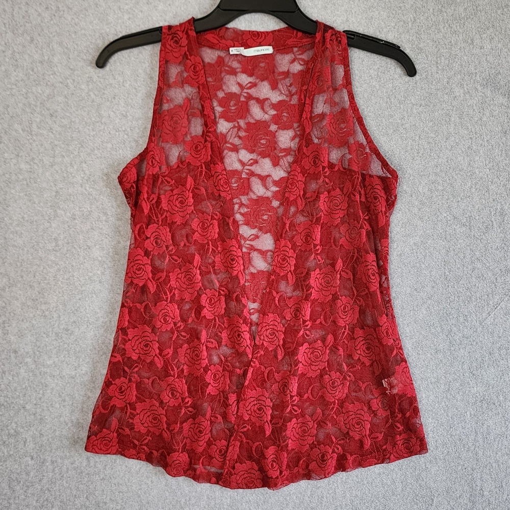 Lace Vest Womens Medium Red Floral Rose Mesh Open Front Romantic Fairy Coquette